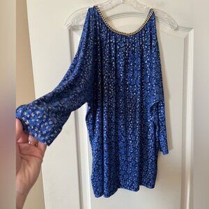 MICHAEL Michael Kors Blue with Gold Chain-Detail Women's Blouse Size Large
